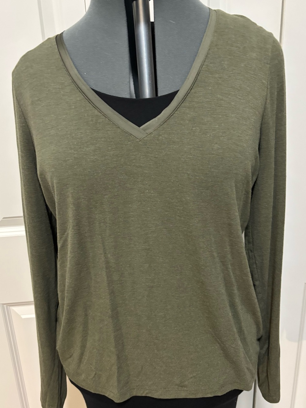 White House Black Market Olive V-Neck Long Sleeve Top